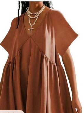 Flowy V-Neck Smock Tunic Dress in Warm Brown